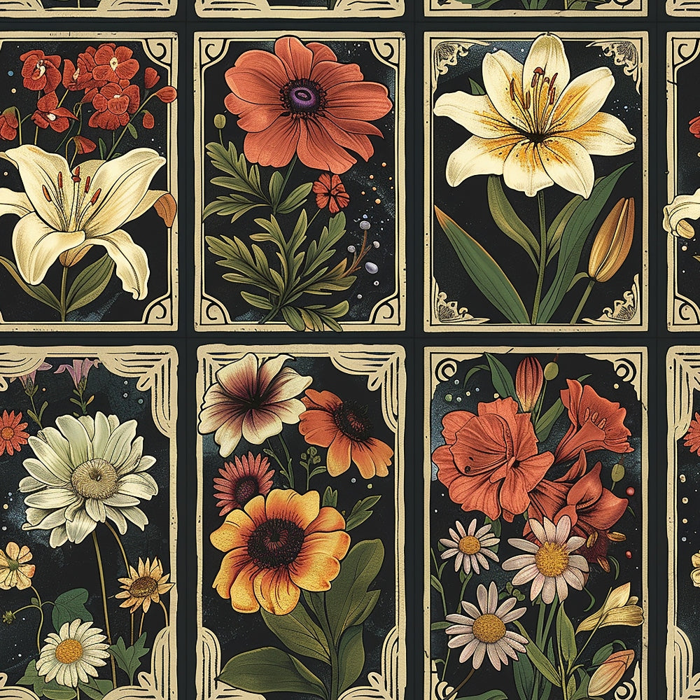fabric panel, floral motifs, botanical illustration, vintage style, dark background, cream borders, decorative frames, lilies, daisies, hibiscus, orange flowers, white blooms, green foliage, ornate corners, rectangular blocks, garden flowers, nature inspired, earthy tones, detailed artwork