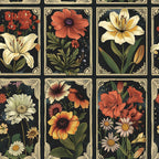 fabric panel, floral motifs, botanical illustration, vintage style, dark background, cream borders, decorative frames, lilies, daisies, hibiscus, orange flowers, white blooms, green foliage, ornate corners, rectangular blocks, garden flowers, nature inspired, earthy tones, detailed artwork