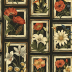 floral pattern, botanical illustrations, framed squares,, coral poppies, white lilies, cream daisies, green foliage, gold frames, black background, vintage style, rectangular panels, mixed flowers, fabric panel, garden flowers, ornate borders, detailed petals, nature motifs, decorative frames, botanical art