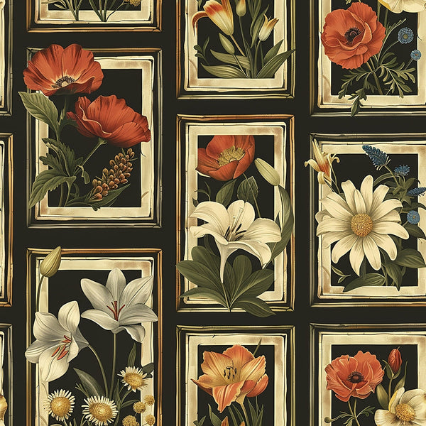 floral pattern, botanical illustrations, framed squares,, coral poppies, white lilies, cream daisies, green foliage, gold frames, black background, vintage style, rectangular panels, mixed flowers, fabric panel, garden flowers, ornate borders, detailed petals, nature motifs, decorative frames, botanical art