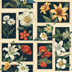 botanical illustrations, floral motifs, lily flowers, poppy flowers, daisy flowers, white lilies, orange lilies, red poppies, cream backgrounds, dark teal backgrounds,, fabric panel, grid layout, vintage botanical, realistic flowers, green foliage, decorative squares, nature inspired, flower collection, botanical prints