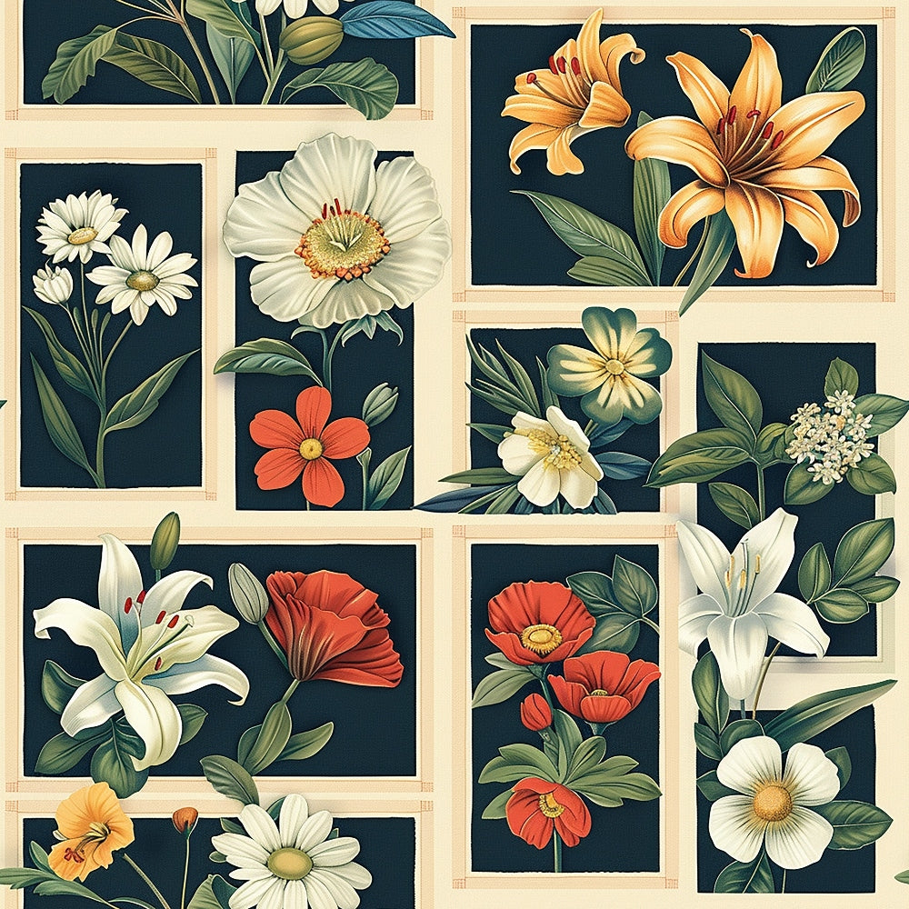 botanical illustrations, floral motifs, lily flowers, poppy flowers, daisy flowers, white lilies, orange lilies, red poppies, cream backgrounds, dark teal backgrounds,, fabric panel, grid layout, vintage botanical, realistic flowers, green foliage, decorative squares, nature inspired, flower collection, botanical prints