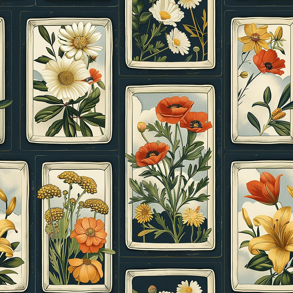 fabric panel, floral pattern, botanical illustration, dark teal background, cream borders, white daisies, orange poppies, yellow flowers, green foliage, rectangular frames, grid layout, vintage style, nature motifs, wildflowers, decorative borders, patchwork design, crafting fabric, sewing material, floral arrangements