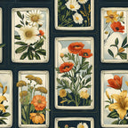 fabric panel, floral pattern, botanical illustration, dark teal background, cream borders, white daisies, orange poppies, yellow flowers, green foliage, rectangular frames, grid layout, vintage style, nature motifs, wildflowers, decorative borders, patchwork design, crafting fabric, sewing material, floral arrangements