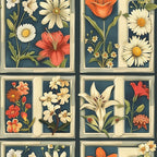 fabric panel, floral pattern, botanical design, daisies, lilies, tulips, coral flowers, cream petals, navy blue background, sage green leaves, golden centers, framed squares, grid layout, vintage style, garden flowers, spring blooms, realistic florals, decorative panels, sewing material