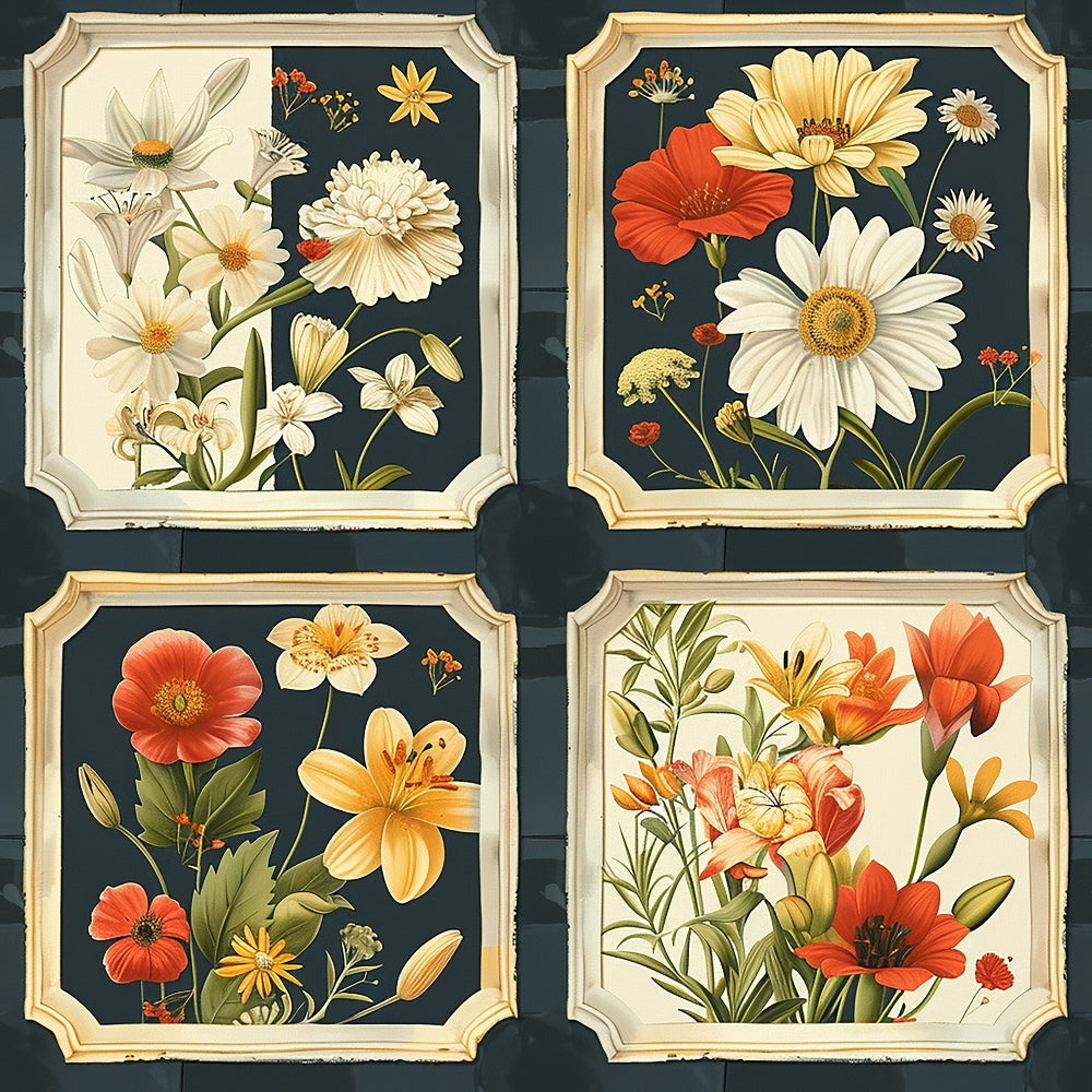 floral botanical,, fabric panel, vintage frames, daisies, lilies, poppies, cream background, dark green, coral orange, yellow blooms, white flowers, ornate borders, botanical illustration, spring flowers, garden motifs, cotton fabric, quilting squares, nature inspired, soft pastels