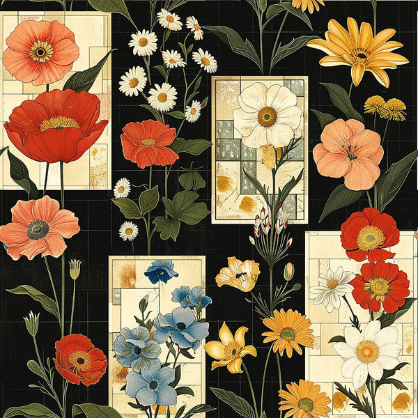 floral pattern, botanical illustration, geometric grids,, fabric panel, poppies, daisies, wildflowers, coral flowers, orange blooms, blue flowers, white daisies, yellow flowers, peach blossoms, red poppies, black background, cream squares, vintage botanical, nature motifs, garden flowers