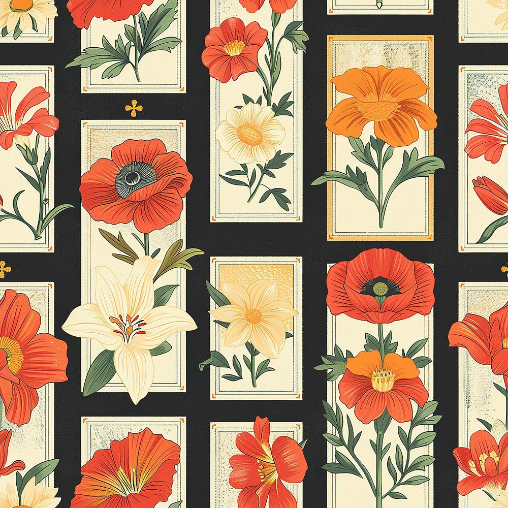 orange flowers, red poppies, white lilies, cream daisies, green leaves, botanical illustration, framed artwork, vintage style, floral motifs, black background,, fabric panel, garden flowers, coral blooms, peach petals, nature inspired, romantic florals, cottage core, spring blossoms, rectangular frames