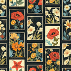 floral pattern, botanical illustration,, fabric panel, red poppies, orange lilies, cream flowers, teal leaves, black background, framed squares, vintage style, garden flowers, daisies, rectangular blocks, nature motif, quilting fabric, cotton material, floral grid, botanical art, warm colors