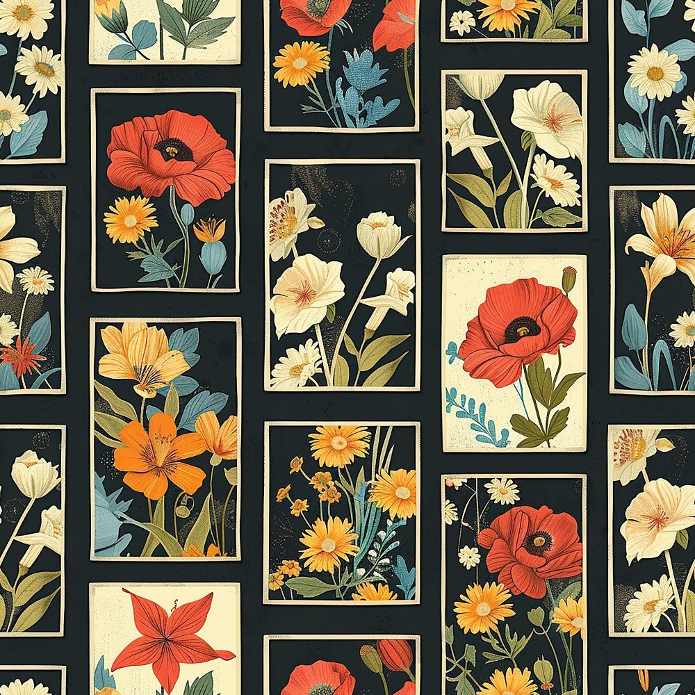 floral pattern, botanical illustration,, fabric panel, red poppies, orange lilies, cream flowers, teal leaves, black background, framed squares, vintage style, garden flowers, daisies, rectangular blocks, nature motif, quilting fabric, cotton material, floral grid, botanical art, warm colors
