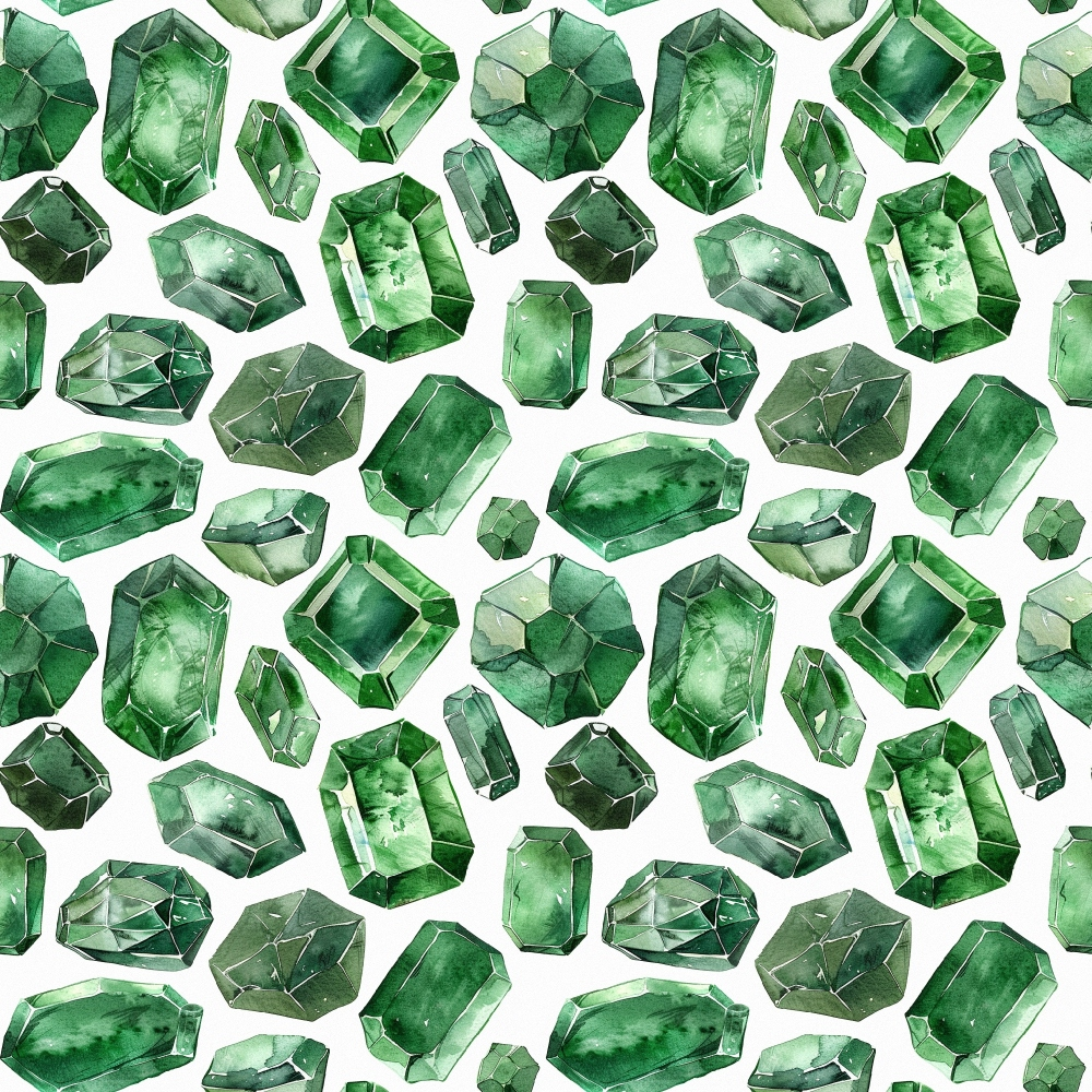 emerald green, forest green, sage green, mint green, gemstones, crystals, precious stones, geometric pattern, faceted gems, repeating pattern, watercolor style, luxurious, elegant,, fabric panel, jewelry motif, mineral pattern, sophisticated, rich colors, seamless design