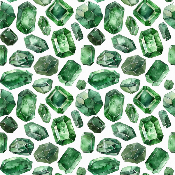 emerald green, forest green, sage green, mint green, gemstones, crystals, precious stones, geometric pattern, faceted gems, repeating pattern, watercolor style, luxurious, elegant,, fabric panel, jewelry motif, mineral pattern, sophisticated, rich colors, seamless design