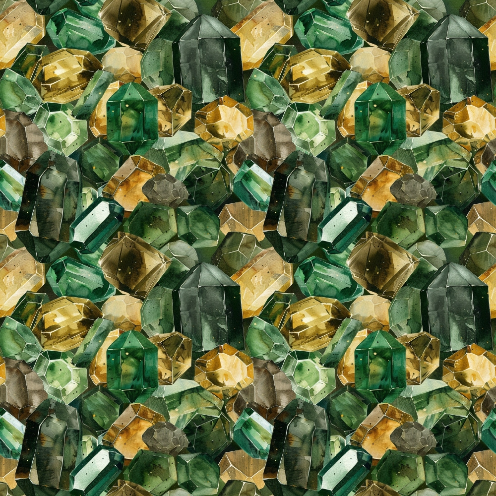emerald green, golden yellow, amber, forest green, sage green, gemstone pattern, crystal design, geometric shapes, faceted gems, jewel tones, repeating pattern,, fabric panel, luxurious, sparkly, mineral collection, precious stones, seamless design, rich colors, botanical green