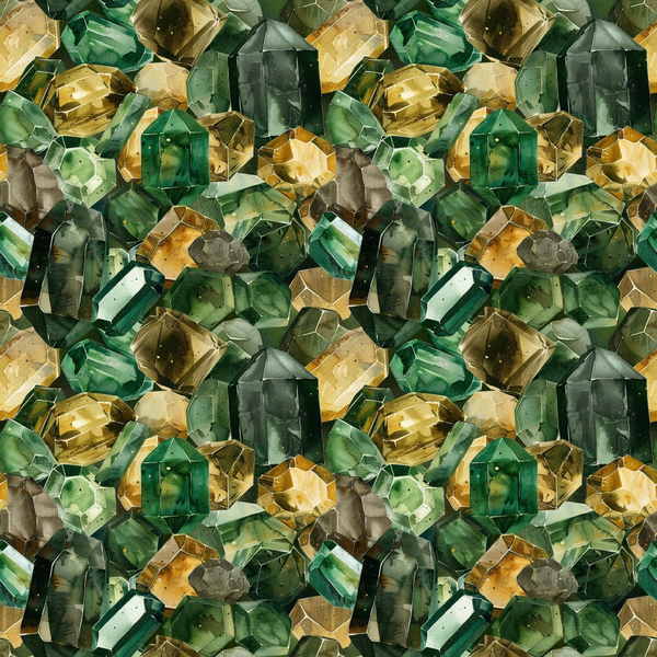 emerald green, golden yellow, amber, forest green, sage green, gemstone pattern, crystal design, geometric shapes, faceted gems, jewel tones, repeating pattern,, fabric panel, luxurious, sparkly, mineral collection, precious stones, seamless design, rich colors, botanical green