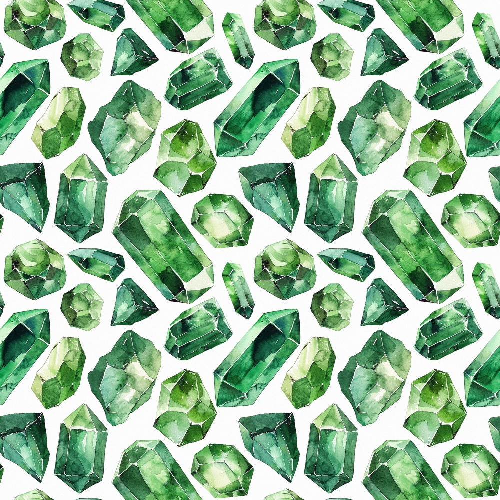 emerald green, forest green, sage green, mint green, gemstones, crystals, geometric pattern, faceted gems, repeating pattern, watercolor style, precious stones, jewelry motif,, fabric panel, luxurious, sparkling, multifaceted, elegant pattern, mineral design, sophisticated