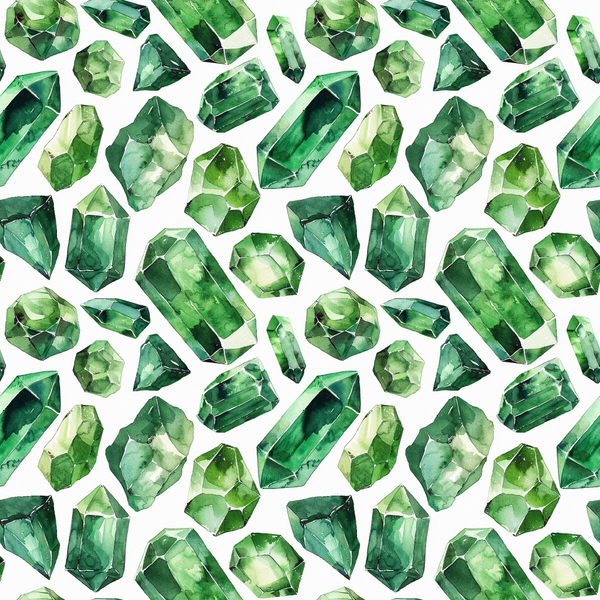 emerald green, forest green, sage green, mint green, gemstones, crystals, geometric pattern, faceted gems, repeating pattern, watercolor style, precious stones, jewelry motif,, fabric panel, luxurious, sparkling, multifaceted, elegant pattern, mineral design, sophisticated