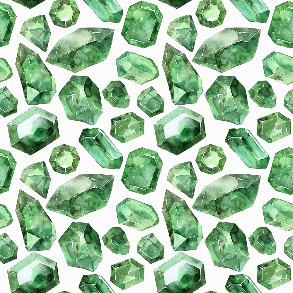 emerald green, forest green, mint green, sage green, gemstone pattern, crystal design, faceted gems, geometric shapes, watercolor style, repeating pattern,, fabric panel, luxurious mood, elegant design, jewelry motif, precious stones, multifaceted crystals, sophisticated pattern, seamless repeat, crafting fabric