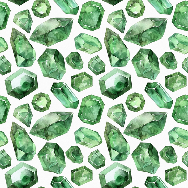 emerald green, forest green, mint green, sage green, gemstone pattern, crystal design, faceted gems, geometric shapes, watercolor style, repeating pattern,, fabric panel, luxurious mood, elegant design, jewelry motif, precious stones, multifaceted crystals, sophisticated pattern, seamless repeat, crafting fabric