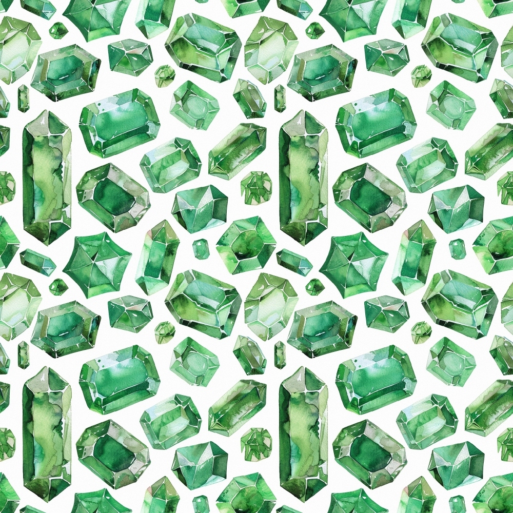 emerald green, forest green, sage green, mint green, gemstones, crystals, jewels, geometric shapes, faceted gems, repeating pattern, watercolor style, luxurious, sparkling, precious stones,, fabric panel, white background, scattered design, elegant, sophisticated