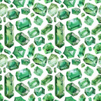 emerald green, forest green, sage green, mint green, gemstones, crystals, jewels, geometric shapes, faceted gems, repeating pattern, watercolor style, luxurious, sparkling, precious stones,, fabric panel, white background, scattered design, elegant, sophisticated