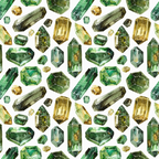 emerald green, forest green, golden yellow, amber, sage green, gemstone pattern, crystal design, precious stones, faceted gems, watercolor style, mineral illustration, geometric shapes, repeating pattern,, fabric panel, luxurious, sparkly, jewel tones, nature inspired, artistic rendering