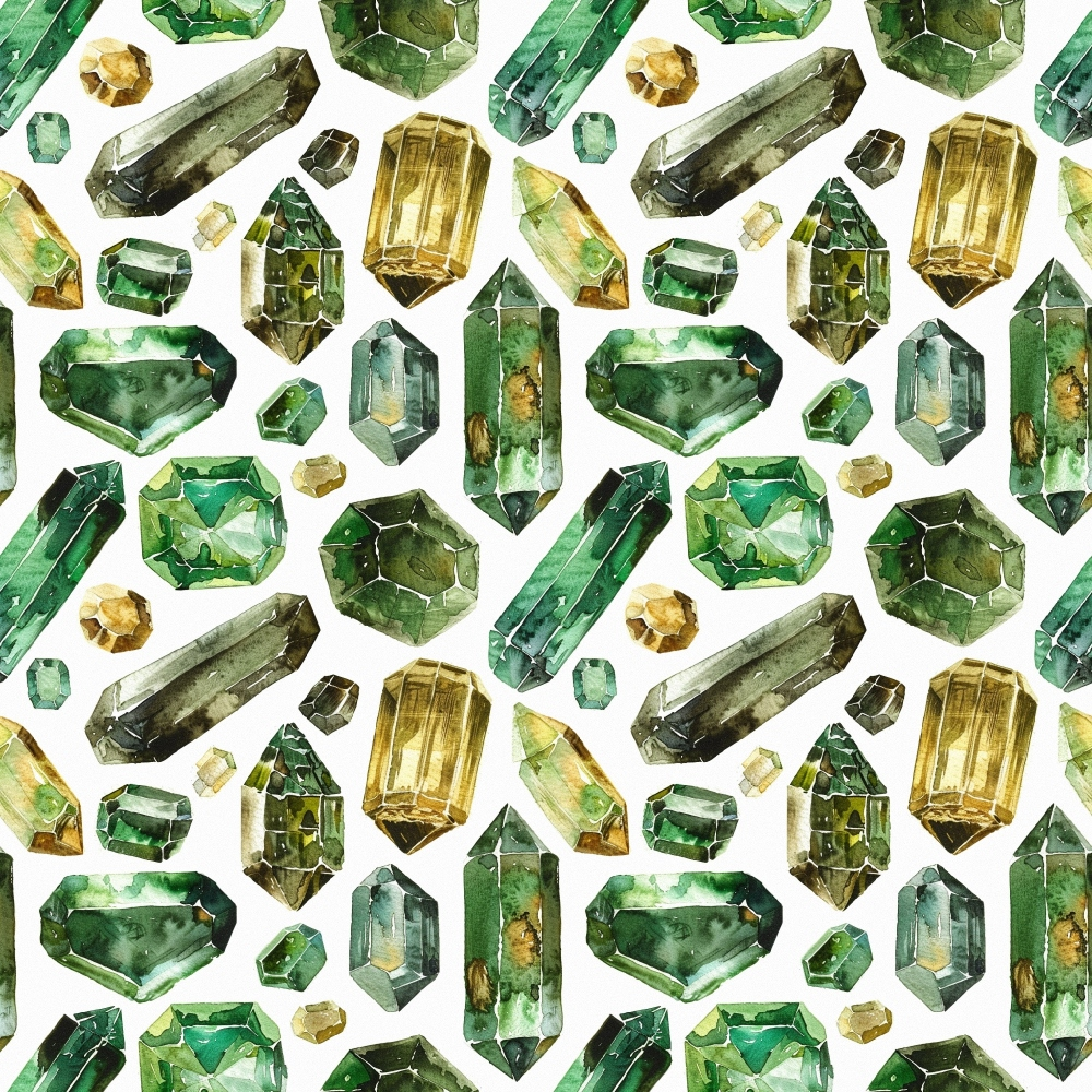 emerald green, forest green, golden yellow, amber, sage green, gemstone pattern, crystal design, precious stones, faceted gems, watercolor style, mineral illustration, geometric shapes, repeating pattern,, fabric panel, luxurious, sparkly, jewel tones, nature inspired, artistic rendering