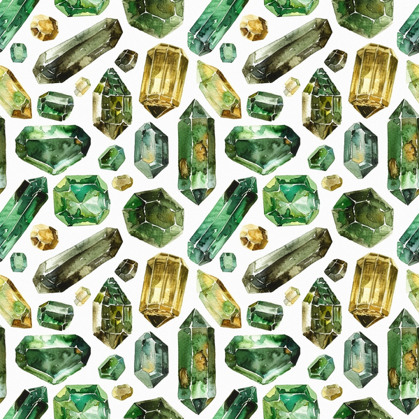 emerald green, forest green, golden yellow, amber, sage green, gemstone pattern, crystal design, precious stones, faceted gems, watercolor style, mineral illustration, geometric shapes, repeating pattern,, fabric panel, luxurious, sparkly, jewel tones, nature inspired, artistic rendering