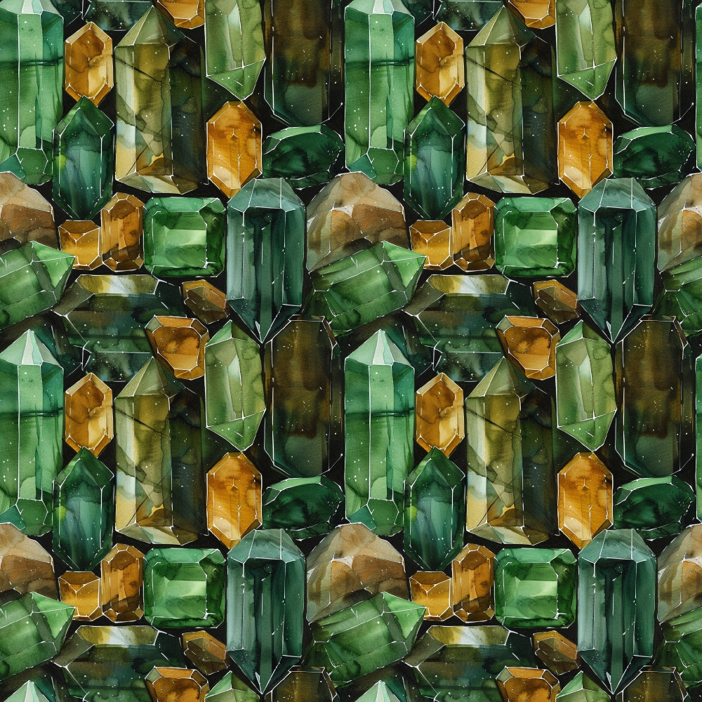 emerald green, amber orange, forest green, golden yellow, gemstone pattern, crystal designs, precious stones, faceted gems, geometric shapes, mineral motifs,, fabric panel, jewel tones, luxury pattern, sophisticated design, repetitive pattern, rich colors, elegant motifs