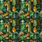 emerald green, amber orange, forest green, golden yellow, gemstone pattern, crystal designs, precious stones, faceted gems, geometric shapes, mineral motifs,, fabric panel, jewel tones, luxury pattern, sophisticated design, repetitive pattern, rich colors, elegant motifs