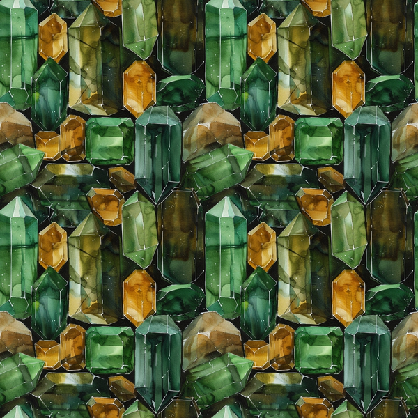 emerald green, amber orange, forest green, golden yellow, gemstone pattern, crystal designs, precious stones, faceted gems, geometric shapes, mineral motifs,, fabric panel, jewel tones, luxury pattern, sophisticated design, repetitive pattern, rich colors, elegant motifs