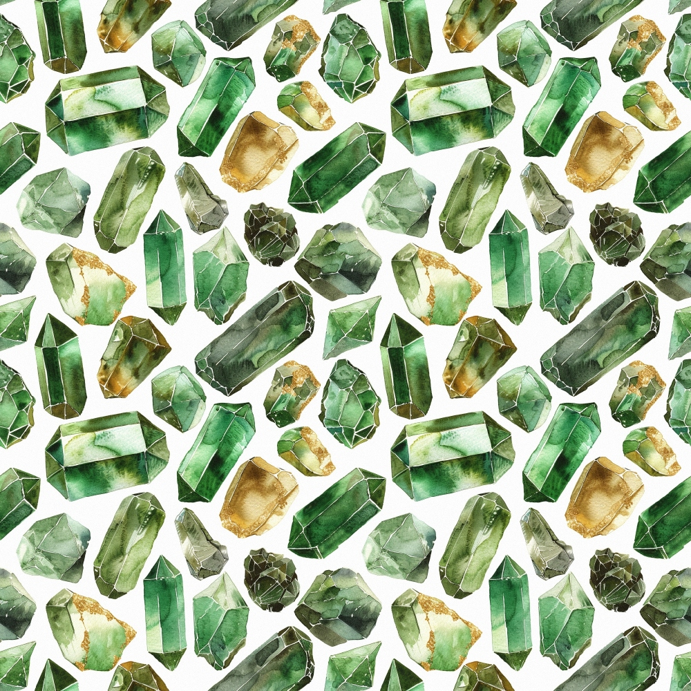 emerald green, forest green, golden yellow, amber, sage green, gemstone pattern, crystal design, geometric shapes, watercolor style, mineral illustration, precious stones, repeating pattern,, fabric panel, mystical mood, nature inspired, botanical green, artistic rendering, scattered layout, organic shapes