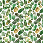 emerald green, forest green, golden yellow, amber, sage green, gemstone pattern, crystal design, geometric shapes, watercolor style, mineral illustration, precious stones, repeating pattern,, fabric panel, mystical mood, nature inspired, botanical green, artistic rendering, scattered layout, organic shapes