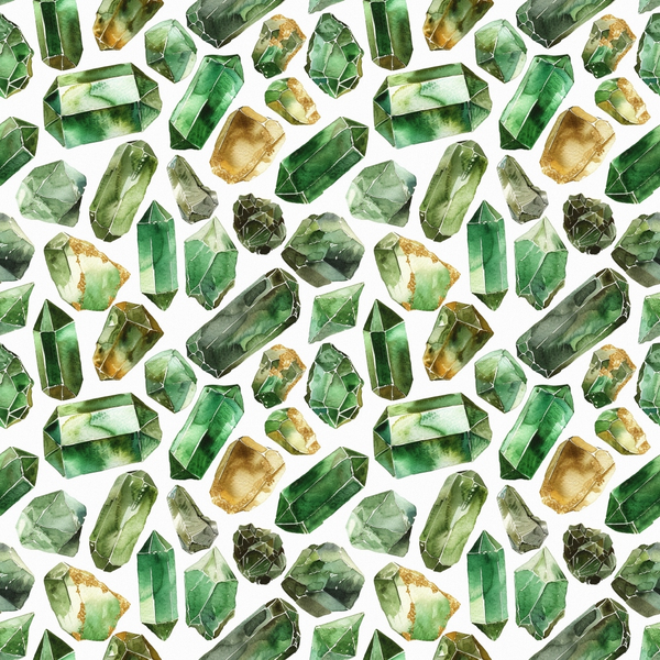 emerald green, forest green, golden yellow, amber, sage green, gemstone pattern, crystal design, geometric shapes, watercolor style, mineral illustration, precious stones, repeating pattern,, fabric panel, mystical mood, nature inspired, botanical green, artistic rendering, scattered layout, organic shapes
