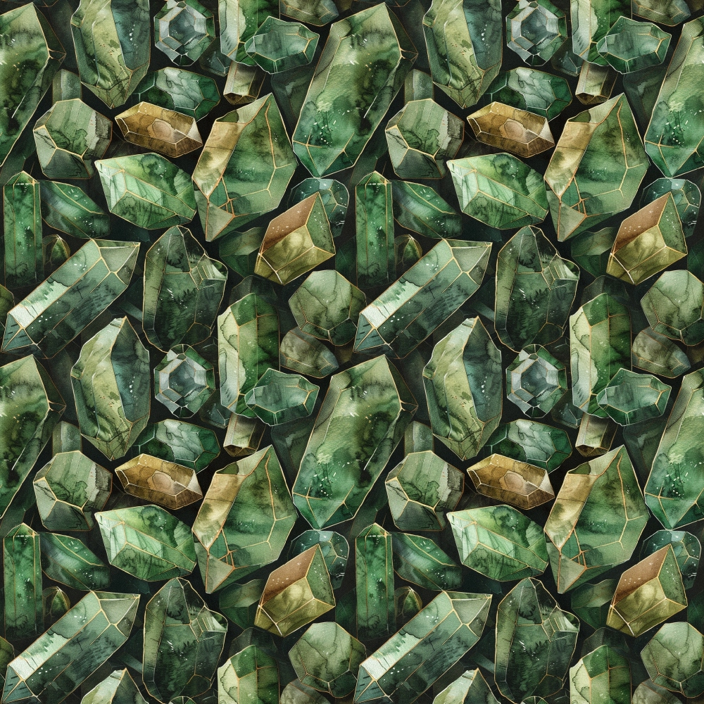 emerald green, forest green, golden brown, amber, sage green, gemstones, crystals, geometric shapes, mineral pattern, faceted gems, precious stones,, fabric panel, seamless repeat, luxurious, sparkling, crystalline, watercolor effect, jewel tones, nature inspired