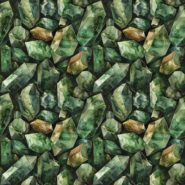 emerald green, forest green, golden brown, amber, sage green, gemstones, crystals, geometric shapes, mineral pattern, faceted gems, precious stones,, fabric panel, seamless repeat, luxurious, sparkling, crystalline, watercolor effect, jewel tones, nature inspired