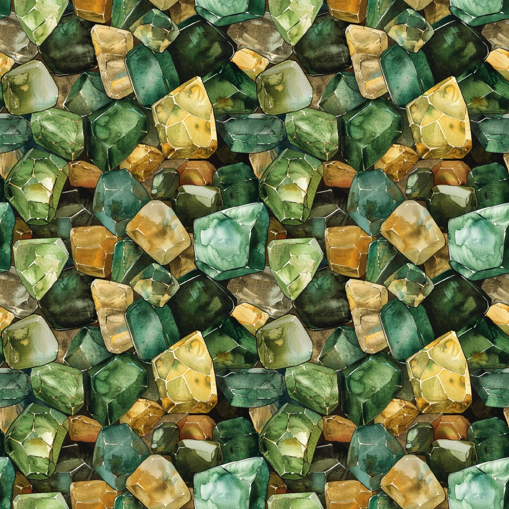emerald green, forest green, golden yellow, amber, sage green, olive green, gemstones, crystals, minerals, geometric shapes, faceted gems, seamless pattern, repeating design,, fabric panel, natural elements, earth tones, jewel tones, realistic illustration, layered design