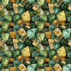 emerald green, forest green, golden yellow, amber, sage green, olive green, gemstones, crystals, minerals, geometric shapes, faceted gems, seamless pattern, repeating design,, fabric panel, natural elements, earth tones, jewel tones, realistic illustration, layered design