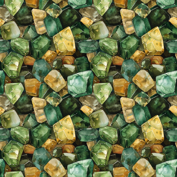 emerald green, forest green, golden yellow, amber, sage green, olive green, gemstones, crystals, minerals, geometric shapes, faceted gems, seamless pattern, repeating design,, fabric panel, natural elements, earth tones, jewel tones, realistic illustration, layered design
