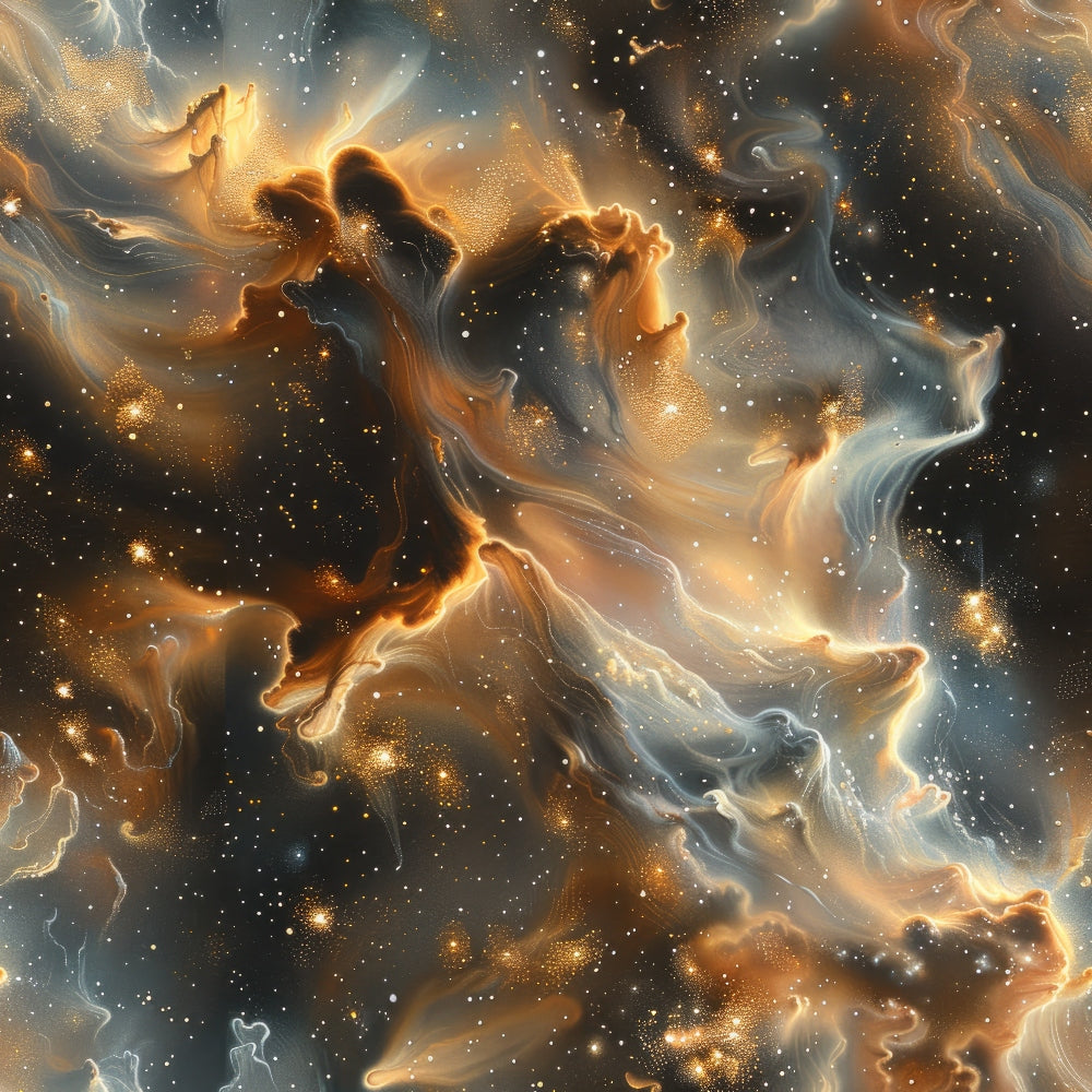 cosmic nebula, golden bronze, deep blue, starry night, swirling patterns, celestial design, space theme, ethereal clouds, metallic accents, galaxy motif, flowing wisps, dreamy atmosphere,, fabric panel, astronomical art, luminous effects, mystical mood, celestial bodies, cosmic dust, stellar formations
