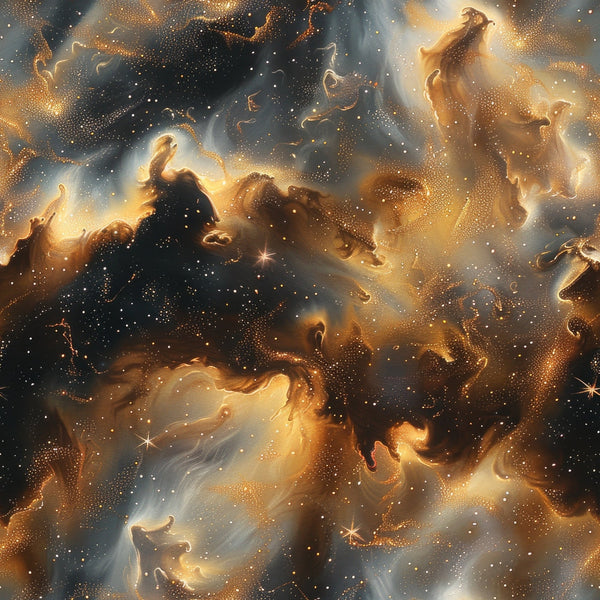 cosmic nebula, golden yellow, deep navy, star field, celestial clouds, space scene, swirling patterns, astronomy theme,, fabric panel, glowing stars, interstellar dust, galaxy design, cosmic dust, heavenly bodies, starlight, celestial motifs, space exploration, astronomical art, dreamy atmosphere