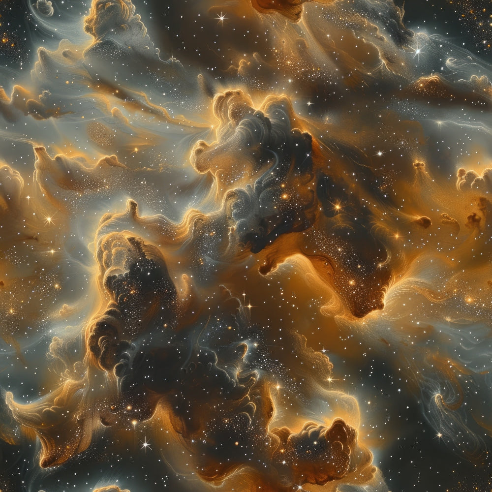 cosmic nebula, starry sky, golden orange, deep blue, swirling clouds, celestial pattern, space theme, astronomical design,, fabric panel, dreamy atmosphere, ethereal glow, night sky, star clusters, flowing movement, mystical mood, universe pattern, cotton fabric, quilting material, seamless design