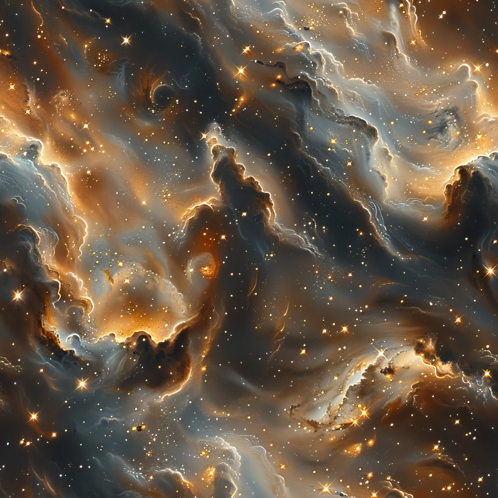 space nebula, cosmic clouds, golden orange, deep blue, stellar formation, astronomy theme, celestial scene, swirling gas clouds, star clusters,, fabric panel, cosmic dust, interstellar medium, space photography style, dreamy atmosphere, galaxy colors, amber tones, navy blue, cosmic phenomena, quilting fabric