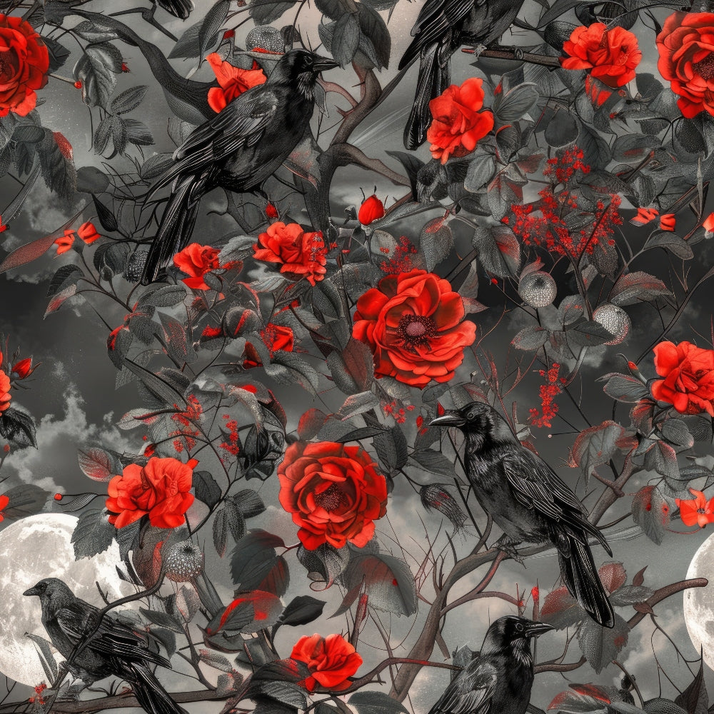 red roses, black crows, ravens, gothic pattern, dark floral, monochrome background, gray foliage,, fabric panel, moody atmosphere, dramatic contrast, botanical design, bird motif, crimson flowers, charcoal birds, nature scene, romantic gothic, striking red, shadowy branches, ornate roses