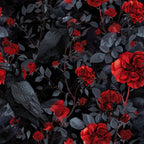 black crows, red roses, dark floral, gothic pattern, crimson flowers, charcoal birds, moody botanical, dramatic contrast,, fabric panel, corvid design, thorny roses, midnight garden, vintage gothic, ornate petals, raven motif, deep red blooms, shadowy foliage, romantic dark, sophisticated floral