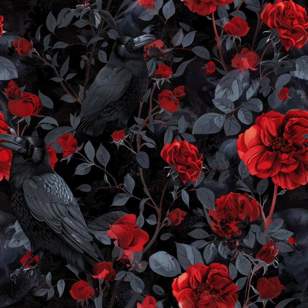 black crows, red roses, dark floral, gothic pattern, crimson flowers, charcoal birds, moody botanical, dramatic contrast,, fabric panel, corvid design, thorny roses, midnight garden, vintage gothic, ornate petals, raven motif, deep red blooms, shadowy foliage, romantic dark, sophisticated floral