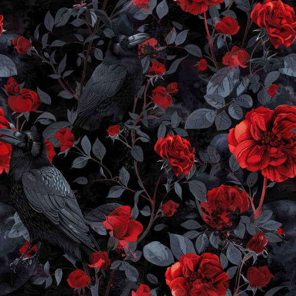 black crows, red roses, dark floral, gothic pattern, crimson flowers, charcoal birds, moody botanical, dramatic contrast,, fabric panel, corvid design, thorny roses, midnight garden, vintage gothic, ornate petals, raven motif, deep red blooms, shadowy foliage, romantic dark, sophisticated floral