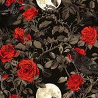 black crows, red roses, gothic pattern, dark background, full moon, botanical elements, sepia leaves, vintage illustration,, fabric panel, gothic floral, ravens, thorny vines, moody atmosphere, crimson flowers, night scene, victorian style, dramatic contrast, ornate design, mysterious birds