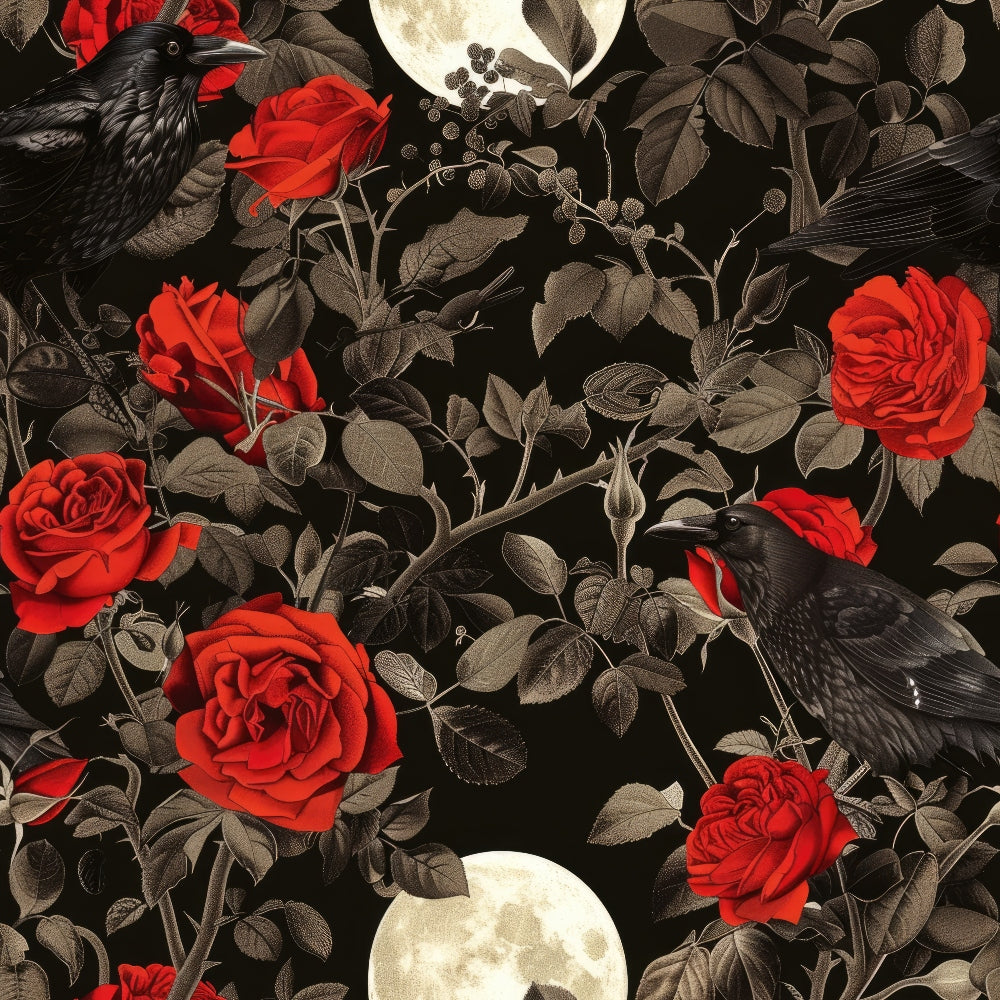black crows, red roses, gothic pattern, dark background, full moon, botanical elements, sepia leaves, vintage illustration,, fabric panel, gothic floral, ravens, thorny vines, moody atmosphere, crimson flowers, night scene, victorian style, dramatic contrast, ornate design, mysterious birds