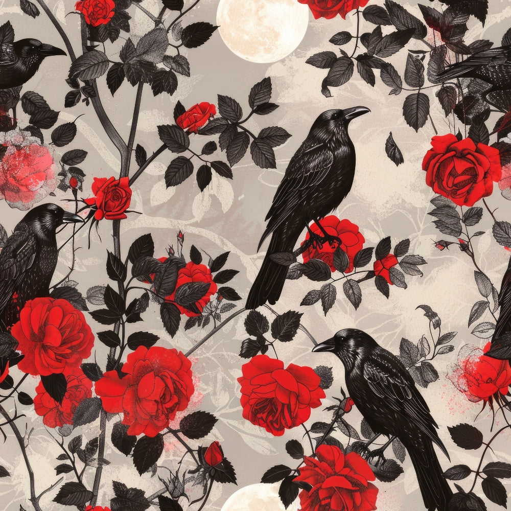 black crows, red roses, gothic pattern, dark birds, floral design, beige background, rose thorns, raven silhouettes, romantic gothic, vintage botanical,, fabric panel, moon phases, dark foliage, crimson blooms, bird branches, moody atmosphere, nature motif, contrasting colors, dramatic pattern