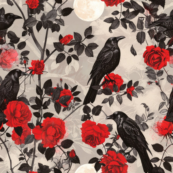 black crows, red roses, gothic pattern, dark birds, floral design, beige background, rose thorns, raven silhouettes, romantic gothic, vintage botanical,, fabric panel, moon phases, dark foliage, crimson blooms, bird branches, moody atmosphere, nature motif, contrasting colors, dramatic pattern